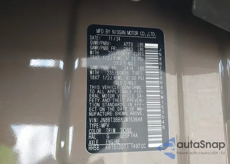 2025 Nissan Rogue Sv Intelligent Awd z USA, uszkodzony, nr VIN JN8BT3BB8SW153648